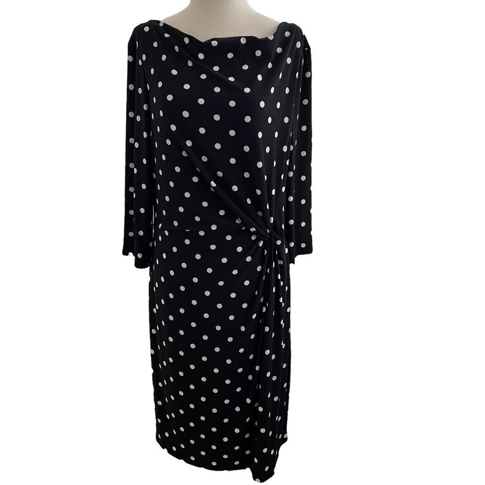Lauren Ralph Lauren Black + White Polka Dot Boat Neck Midi Dress Long Sleeve 14